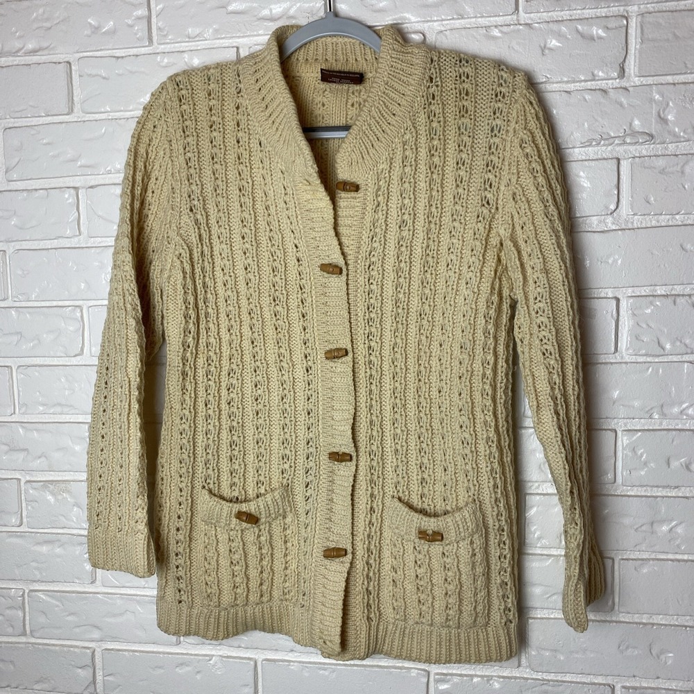 Gaeltarra Knit Sweater Womens Sz‎ L Tan/Yellow Bamboo Button 100% Pure New Wool